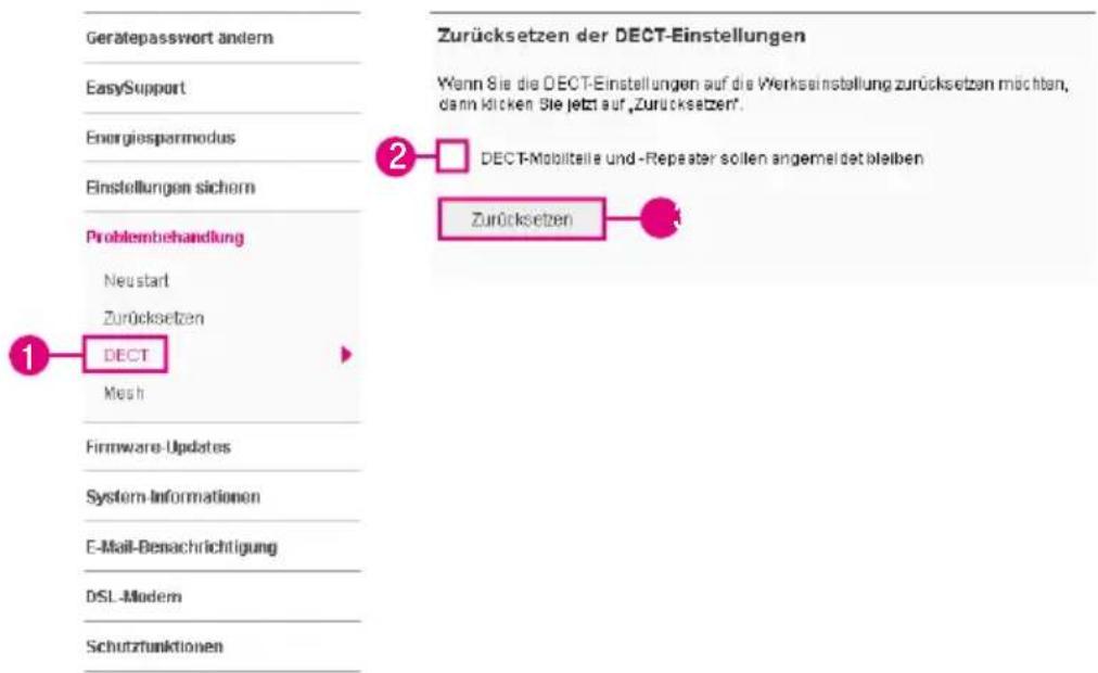 Gerätepasswort ändern EasySupport Energiesparmodus Einstellungen sichern Problembehandlung Neustart Zurücksetzen DECT Mesh Firmware-Updates System-Informationen E-Mail-Benachrichtigung DSL-Modem Schutzfunktionen Zurücksetzen der DECT-Einstellungen Wenn Sie die DECT-Einstellungen auf die Werkseinstellung zurücksetzen möchten, dann klicken Sie jetzt auf „Zurücksetzen“. DECT-Mobilitelle und -Repeater sollen angemeidet bleiben Zurücksetzen
