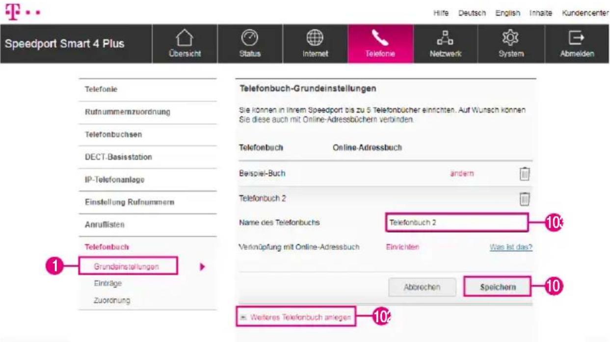 Speedport Smart 4 Plus Übersicht Status Internet Telefonie Netzwerk System Abmelden Telefonie Rufnummernzuordnung Telefonbuchsen DECT-Basisstation IP-Telefonanlage Einstellung Rufnummern Anruffisten Telefonbuch Grundeinstellungen Einträge Zuordnung Telefonbuch-Grundeinstellungen Sie können in Ihrem Speedport bis zu 5 Telefonbücher einrichten. Auf Wunsch können Sie diese auch mit Online-Adressbüchern verbinden. Telefonbuch Online-Adressbuch Beispiel-Buch ändern Telefonbuch 2 Name des Telefonbuchs Telefonbuch 2 Verknüpfung mit Online-Adressbuch Einvichten Was ist das? Abbrechen Speichern 103 10 + Weiteres Telefonbuch anliegen -102