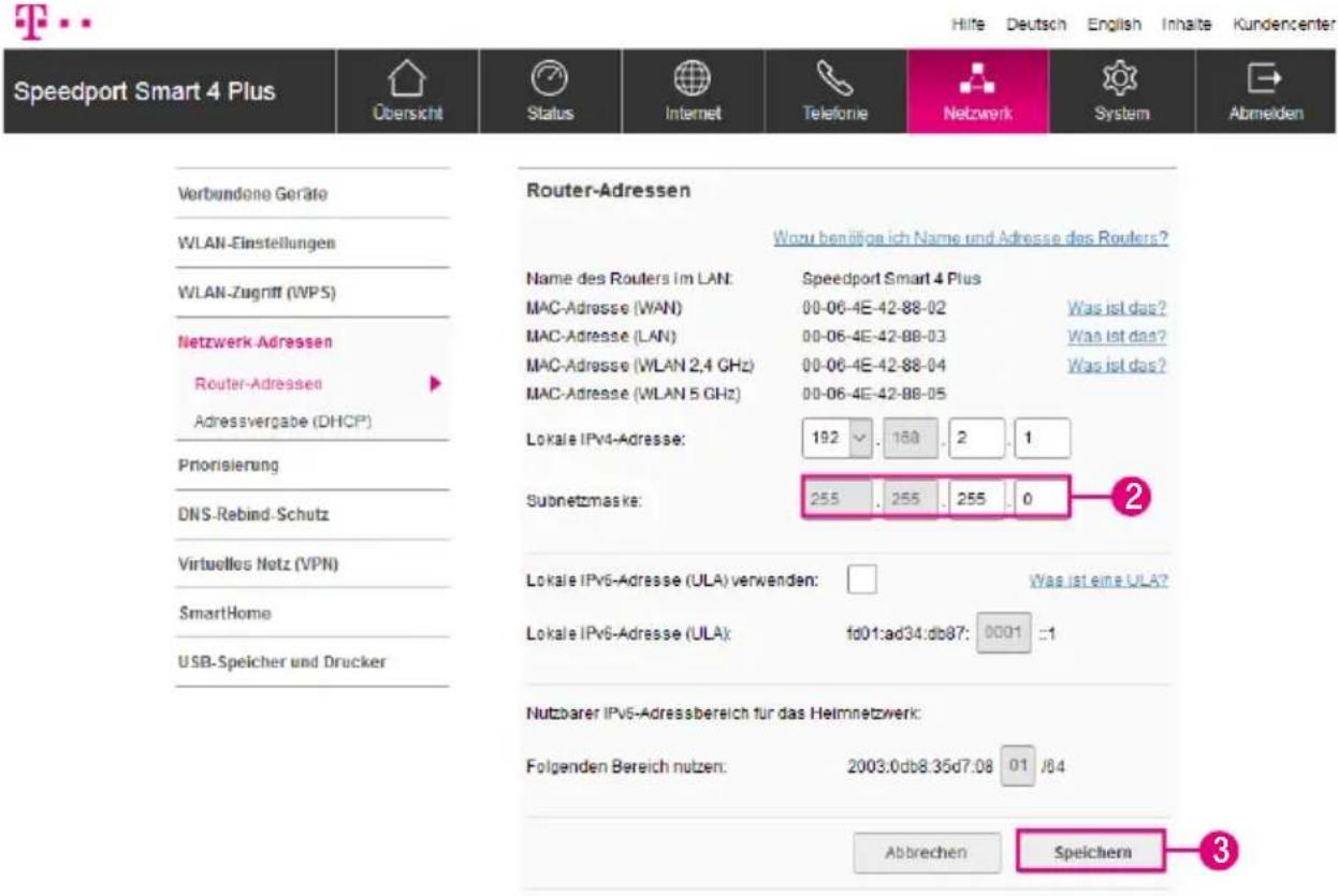 Speedport Smart 4 Plus Übersicht Status Internet Telefonie Netzwerk System Abmeiden Verbundene Geräte WLAN-Einstellungen WLAN-Zugniff (WPS) Netzwerk-Adressen Router-Adressen Adressvergabe (DHCP) Priorisierung DNS-Rebind-Schutz Virtuelles Notz (VPN) SmartHome USB-Speicher und Drucker Router-Adressen Wozu beniţige ich Name und Adresse des Routers? Name des Routers im LAN: MAC-Adresse (WAN): MAC-Adresse (LAN): MAC-Adresse (WLAN 2,4 GHz) MAC-Adresse (WLAN 5 GHz) Lokale IPv4-Adresse: Subnetzmaske: 192 . 180 . 2 . 1 255 . 255 . 255 . 0 Lokale IPv6-Adresse (ULA) verwenden: Lokale IPv6-Adresse (ULA): Lokale IPv6-Adresse (ULA): fd01:ad34:db87: 0001 :1 Nutzbarer IPv6-Adressbereich für das Helmnetzwerk: Folgenden Bereich nutzen: 2003:0db8.35d7.08 01 /84 Abbrechen Speichern