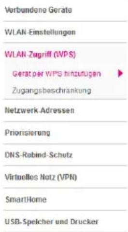 Verbundene Geräte WLAN-Einstellungen WLAN-Zugriff (WPS) Gerät per WPS hinzufügen Zugangsbeschränkung Netzwerk-Adressen Priorisierung DNS-Rabind-Schutz Virtuelles Netz (VPN) SmartHome USB-Spelicher und Drucker
