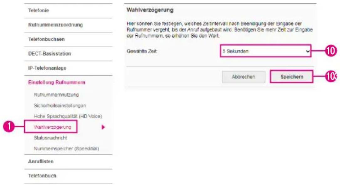 Telefonie Rufnummemzuordnung Telefonbuchsen DECT-Basisstation IP-Telefonanlage Einstellung Rufnummern Rufnummemnutzung Sicherheitsainstellungen Hohe Sprachqualität (HD Voice) Wahlverzögerung Statusnachricht Nummernspeicher (Speeddial) Anruflisten Telefonbuch Wahlverzögerung Hier können Sie festegen, welches Zeitintervall nach Beendigung der Eingabe der Rufnummer vergeht, bis der Anruf aufgebaut wird. Bemölligen Sie mehr Zeit zur Eingabe der Rufnummern, so erhöhen Sie den Wert. Gewählte Zeit: 5 Sekunden Abbrechen Speichern