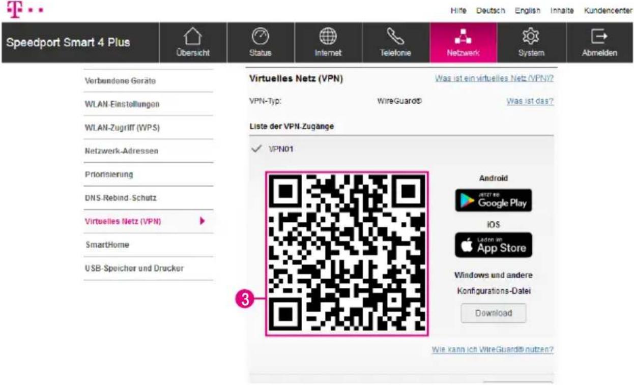 Speedport Smart 4 Plus Übersicht Status Internet Telefonie Netzwerk System Abmelden Verbundene Geräte WLAN-Einstellungen WLAN-Zugriff (WPS) Netzwerk-Adressen Priorisierung DNS-Rebind-Schutz Virtuelles Netz (VPN) SmartHome USB-Speicher und Drucker Virtuelles Netz (VPN) VPN-Typ: WireGuard® Was ist ein virtuelles Netz (VPN)? Was ist das? Liste der VPN-Zugänge ✓ VPN01 Android JN27.80 Google Play iOS Laden im App Store Windows und andere Konfigurations-Datei Download Wie kann ich WireGuard® nutzen?