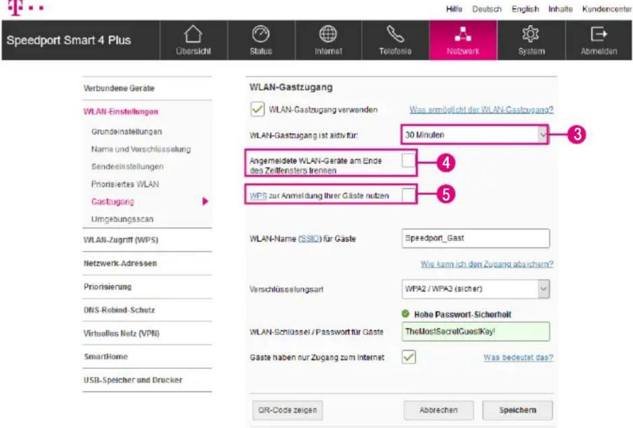 Speedport Smart 4 Plus Übersicht Status Internet Telefonie Netzwerk System Abmeldan Verbundene Geräte WLAN-Einstellungen Grundeinstellungen Name und Verschlüsselung Sendeeinstellungen Priorisiertes WLAN Castzugang Umgebungsscan WLAN-Zugriff (WPS) Netzwerk-Adressen Priorisierung DNS-Rebind-Schutz Virtualles Netz (VPN) SmartHome USB-Speicher und Drucker WLAN-Gastzugang ✓ WLAN-Gastzugang verwenden Was ermöglicht der WLAN-Gastzugang? WLAN-Gastzugang ist aktiv für: 30 Minuten Angemeldete WLAN-Geräte am Ende des Zeilfensters lrennen WPS zur Anmeldung ihrer Gäste nutzen ④ ⑤ WLAN-Name (SSID) für Gäste Speedport_Gast Wise kann ich den Zugang absichern? Verschlüsselungsart WPA2 / WPA3 (sicher) Hohe Password-Sicherheit WLAN-Schlüssel / Passwort für Gäste TheMostSecretGues!Kay! Gaste haben nur Zugang zum Internet Was bedeutet das? QIR-Code zeigen Abbrechen Speichern