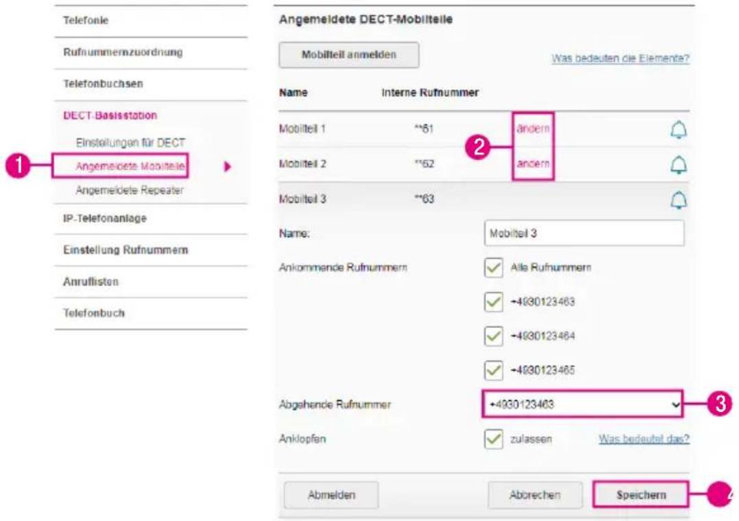 Telefonie Rufnummernzuordnung Telefonbuchsen DECT-Basisstation Einstellungen für DECT Angemeldete Mobilteile Angemeldete Repeater IP-Telefonanlage Einstellung Rufnummern Anruffisten Telefonbuch Angemeldete DECT-Mobilteile Mobilteil anmelden Was bedeuten die Elementa? Name Interne Rufnummer Mobilteil 1 **61 andern Mobilteil 2 **62 andern Mobilteil 3 **63 Name: Mobilteil 3 Ankommende Rufnummern ✓ Alla Rufnummern ✓ -4930123463 ✓ -4930123464 ✓ -4930123465 Abgehende Rufnummer +4930123463 Anklopfen ✓ zulassen Was bedeutet das? Abmelden Aborechen Speichern