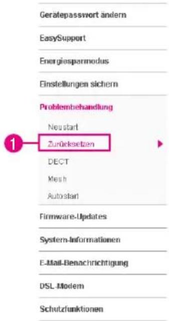Gerätepasswort ändern EasySupport Energiesparmodus Einstellungen sichern Problembehandlung Neustart Zurücksetzen DECT Mesh Autostart Firmware-Updates System-Informationen E-Mail-Benachrichtigung DSL-Modem Schutzfunktionen