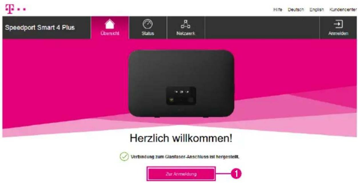 Speedport Smart 4 Plus Übersicht Status Netzwerk Anmelden Herzlich willkommen! ✓ Verbindung zum Glasfaser-Anschluss ist hergestellt. Zur Anmeldung 1