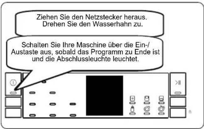 Ziehen Sie den Netzstecker heraus. Drehen Sie den Wasserhahn zu. Schalten Sie Ihre Maschine über die Ein-/Austaste aus, sobald das Programm zu Ende ist und die Abschlussleuchte leuchtet.