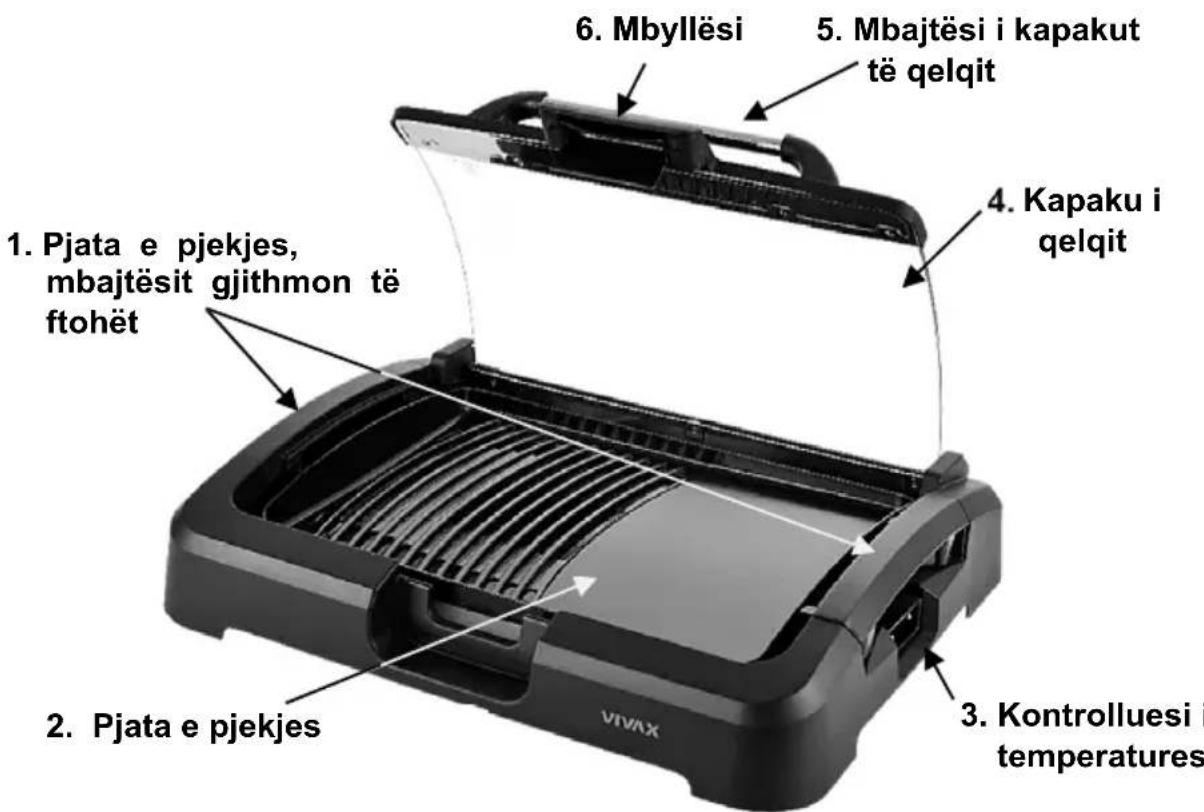 1. Pjata e pjekjes, mbajtësit gjithmon të ftohët 2. Pjata e pjekjes 3. Kontrolluesi i temperatures 4. Kapaku i qelqit 5. Mbajtësi i kapakut të qelqit 6. Mbyllësi