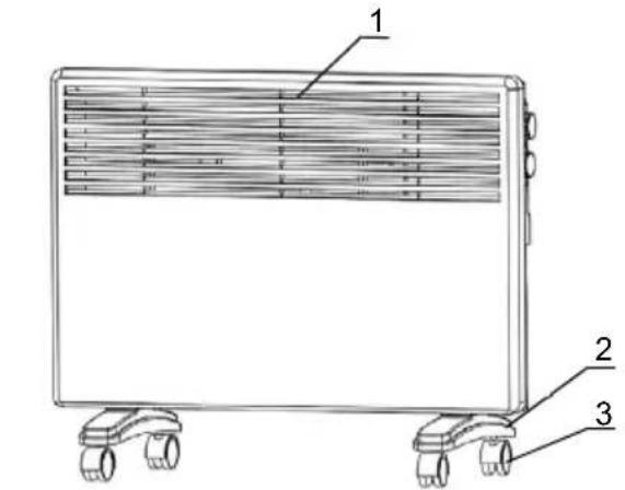 Technical diagram of a portable air conditioner unit with labeled parts 1, 2, and 3