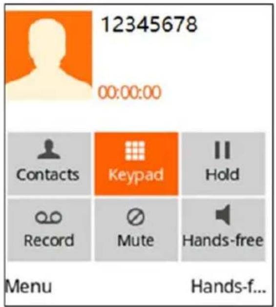 12345678 00:00:00 Contacts Keypad Hold Record Mute Hands-free Menu Hands-f...