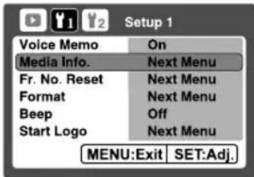 Setup 1 Voice Memo On Media Info. Next Menu Fr. No. Reset Next Menu Format Next Menu Beep Off Start Logo Next Menu MENU:Exit SET:Adj.