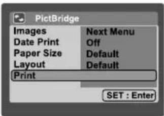 PictBridge Images Next Menu Date Print Off Paper Size Default Layout Default Print SET : Enter