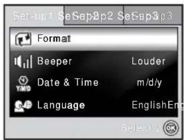 Set-up1 SeGap2p2 SeGap3p3 Format Beeper Louder Date & Time m/d/y Language EnglishEng Select: OK