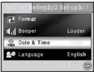 Set-up1 SeSep2p2 SeUp3p3 Format Beeper Louder Date & Time May Language English Select: