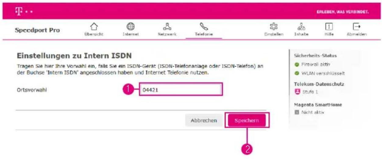 EPLEBEN, WAS VERBINDET. Speedport Pro Übersicht Internet Netzwerk Telefonie Einstellen Inhälte Hilfe Abmelden Einstellungen zu Intern ISDN Tragen Sie hier Ihre Vorwahl ein, falls Sie ein ISDN-Gerat (ISDN-Telefonanlage oder ISDN-Telefon) an der Buchse 'Intern ISDN' angeschlossen haben und Internet Telefonie nutzen. Ortsvorwahl 1 04421 Abbrechen Speichern Sicherheits-Status Firewall aktiv WLAN verschlüsselt Telekom-Datenschutz Stufe 1 Magenta SmartHome Nicht aktiv