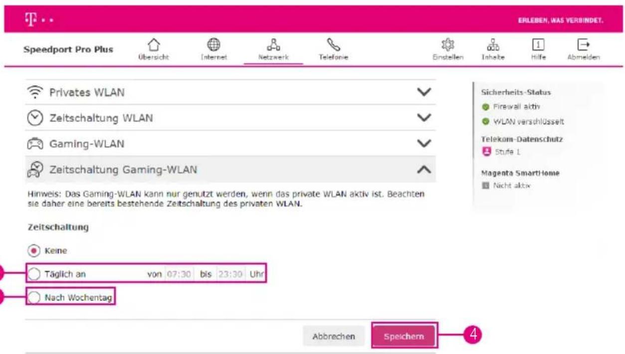 Speedport Pro Plus Übersicht Internet Netzwerk Telefonie Einstellen Inhabe Hilfe Abmelden Privates WLAN Zeitschaltung WLAN Gaming-WLAN Zeitschaltung Gaming-WLAN Hinweis: Das Gaming-WLAN kann nur genutzt werden, wenn das private WLAN aktiv ist. Beachten sie daher eine bereits bestehende Zeitschaltung des privaten WLAN. Zeitschaltung Keine Täglich an von 07:30 bis 23:30 Uhr Nach Wochentag Abbrechen Speichern 4 Sicherheits-Status Firewall aktiv WLAN verschlüsselt Telekom-Datenschutz Stufe L Magenta SmartHome Nicht aktiv