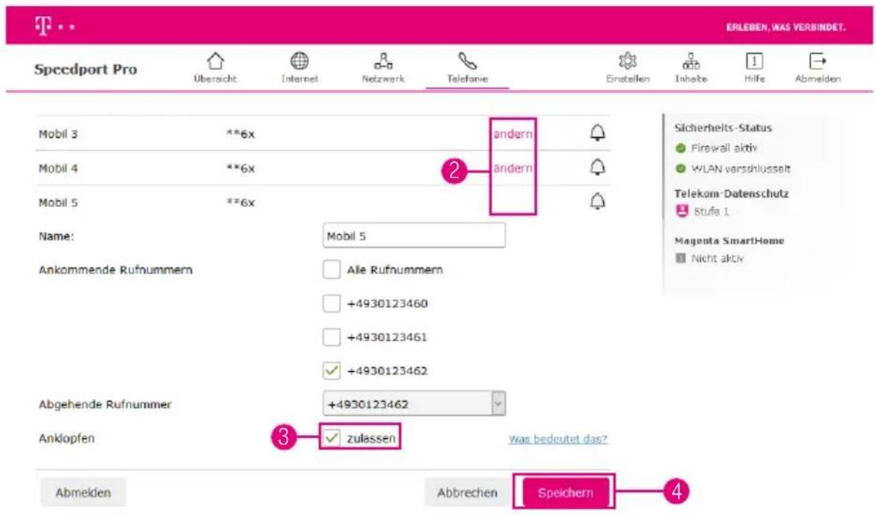 Speedport Pro Übersicht Internet Netzwerk Telefonie Einstellen Inhalte Hilfe Abmelden Mobil 3 **6x andern Mobil 4 **6x andern Mobil 5 ** Name: Mobil 5 Ankommende Rufnummern Alle Rufnummern +4930123460 +4930123461 +4930123462 Abgehende Rufnummer +4930123462 Anklopfen zulassen Was bedeutet das? Abmelden Abbrechen Speichern Sicherheits-Status Firewall aktiv WLAN verschlusselt Telekom-Datenschutz Stufe 1 Magenta SmartHome Nicht aktiv