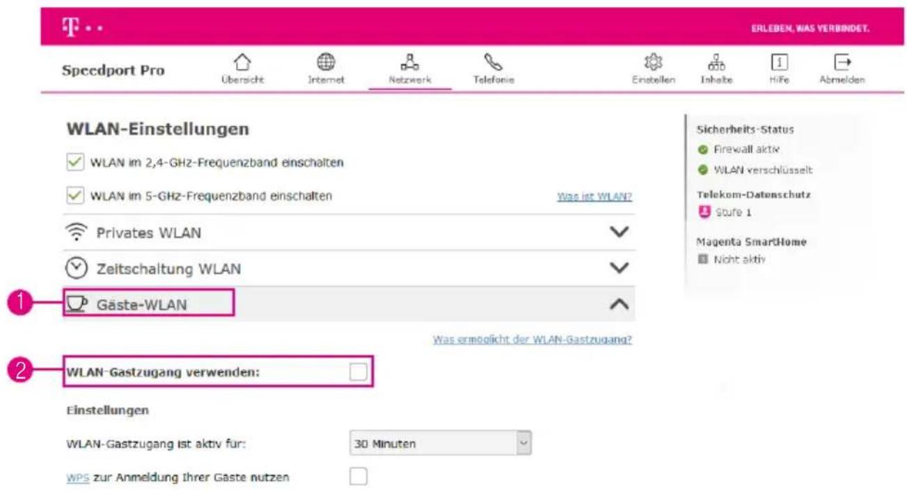ERLEBEN, WAS VERBINDST. Speedport Pro Übersicht Internet Netzwerk Telefonie Einstellen Inhalbe HiFe Abmelden WLAN-Einstellungen WLAN im 2,4-GHz-Frequenzband einschalten WLAN im 5-GHz-Frequenzband einschalten Was ist WLAN? Privates WLAN Zeitschaltung WLAN Gäste-WLAN Was ermöglicht der WLAN-Gastzugang? WLAN-Gastzugang verwenden: Einstellungen WLAN-Gastzugang ist aktiv für: 30 Minuten WPS zur Anmeldung Ihrer Gäste nutzen Sicherheits-Status Firewall aktiv WLAN verschlüsselt Telekom-Datenschutz Stufe 1 Magenta SmartHome Nicht aktiv
