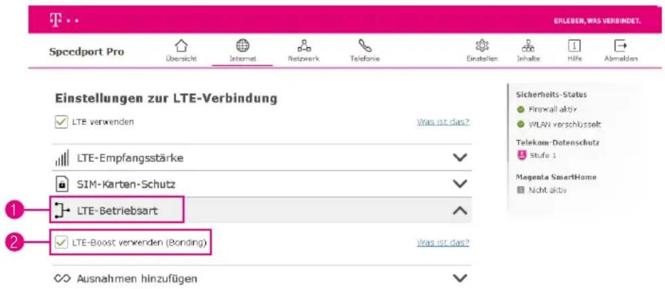 EPLEBEN, WAS VERBINDET. Speedport Pro Übersicht Internet Netzwerk Telefonie Einstellen Inhalte Hilfe Abmelden Einstellungen zur LTE-Verbindung LTE verwenden Was ist das? LTE-Empfangsstärke ✓ SIM-Karten-Schutz ✓ LTE-Betriebsart ✓ LTE-Boost verwenden (Bonding) Was ist das? Ausnahmen hinzufügen Sicherheits-Status Firewall aktiv WLAN verschlüsselt Telekom-Datenschutz Stufe 1 Magenta SmartHome Nicht aktiv