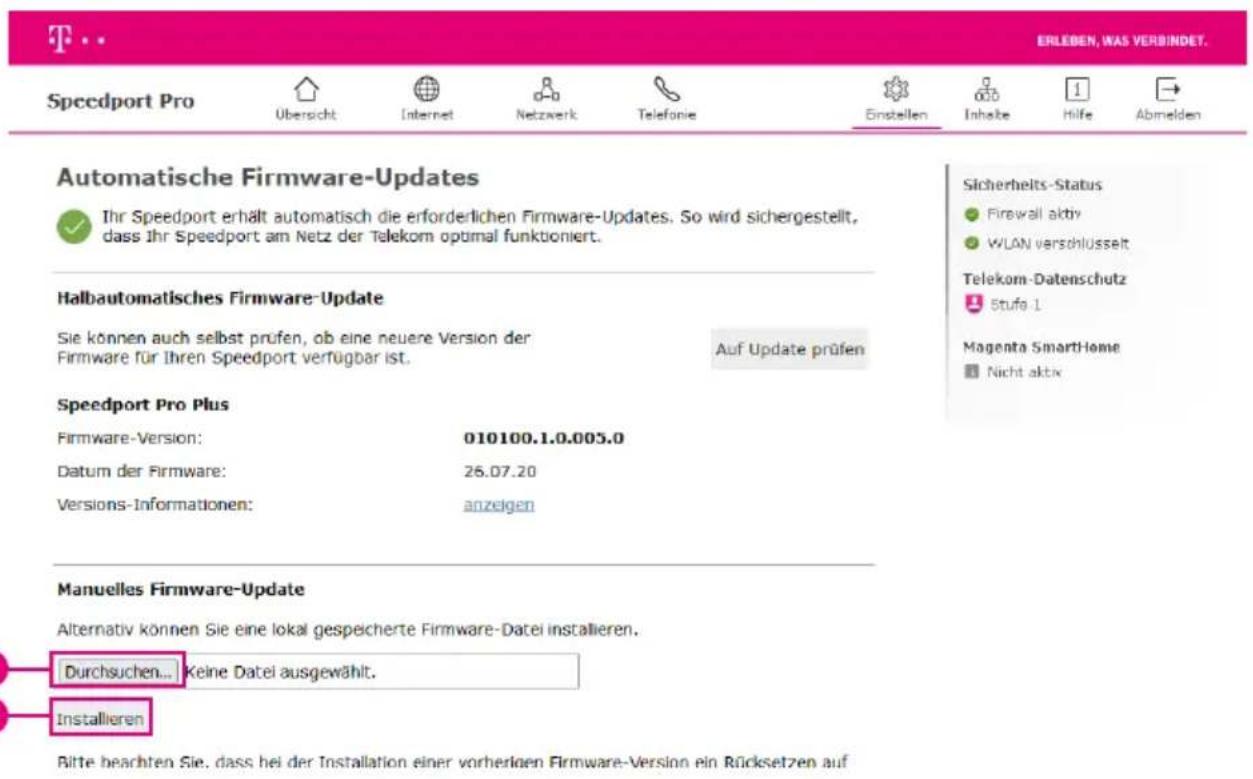 Speedport Pro Übersicht Internet Netzwerk Telefonie Einstellen Inhalbe Hilfe Abmelden Automatische Firmware-Updates Ihr Speedport erhält automatisch die erforderlichen Firmware-Updates. So wird sichergestellt, dass Ihr Speedport am Netz der Telekom optimal funktioniert. Halbautomatisches Firmware-Update Sie können auch selbst prüfen, ob eine neuere Version der Firmware für Ihren Speedport verfügbar ist. Auf Update prüfen Speedport Pro Plus Firmware-Version: 010100.1.0.005.0 Datum der Firmware: 26.07.20 Versions-Informationen: anzeigen Manuelles Firmware-Update Alternativ können Sie eine lokal gespeicherte Firmware-Datei installieren. Durchsuchen... Keine Datei ausgewählt. Installieren Bitte beachten Sie, dass bei der Installation einer vorherigen Firmware-Version ein Rücksetzen auf Sicherheits-Status Firewall aktiv WLAN verschlüsselt Telekom-Datenschutz Stufe 1 Magenta SmartHome Nicht aktiv
