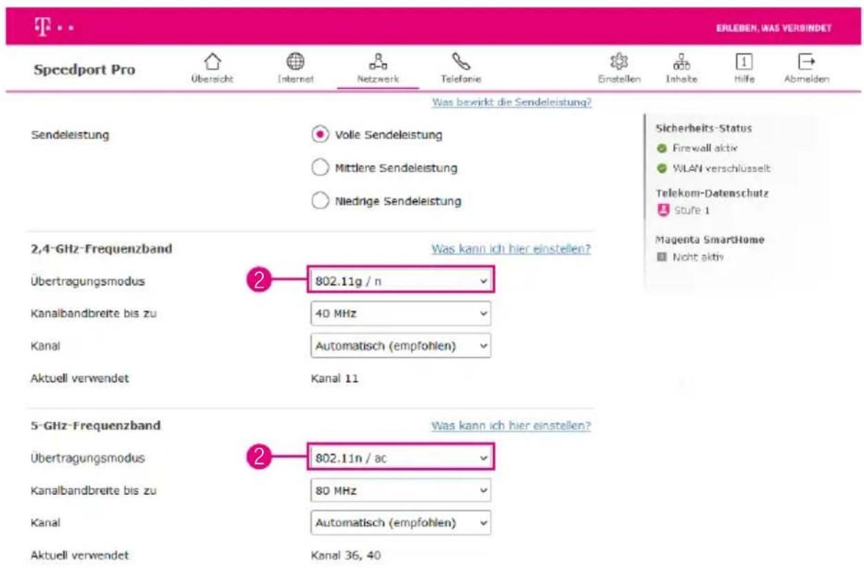 ERLEBEN, WAS VERBINDET Speedport Pro Übersicht Internet Netzwerk Telefonie Einstellen Inhabe Hilfe Abmelden Was bewirkt die Sendeleistung? Sendeleistung Volle Sendeleistung Mittlere Sendeleistung Niedrige Sendeleistung Sicherheits-Status Firewall aktiv WLAN verschlüsselt Telekom-Datenschutz Stufe 1 2,4-GHz-Frequenzband Übertragungsmodus 802.11g / n Kanalbandbreite bis zu 40 MHz Kanal Automatisch (empfohlen) Aktuell verwendet Kanal 11 Was kann ich hier einstellen? 5-GHz-Frequenzband Übertragungsmodus 802.11n / ac Kanalbandbreite bis zu 80 MHz Kanal Automatisch (empfohlen) Aktuell verwendet Kanal 36, 40