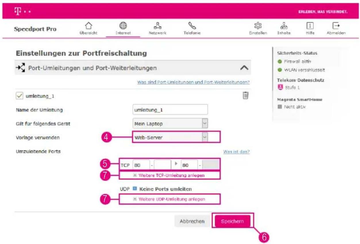 Einstellungen zur Portfreischaltung Port-Umleitungen und Port-Weiterleitungen Was sind Port-Umleitungen und Port-Weiterleitungen? umleitung_1 Name der Umleitung umleitung_1 Gilt für folgendes Gerät Mein Laptop Vorlage verwenden Web-Server Umzuleitende Ports Was ist das? TCP 80 - 80 - Weitere TCP-Umleitung anlegen UDP Keine Ports umleiten Weitere UDP-Umleitung anlegen Abbrechen Speichern Sicherheits-Status Firewall aktiv WLAN verschlüsselt Telekom-Datenschutz Stufe L Magenta SmartHome Nicht aktiv