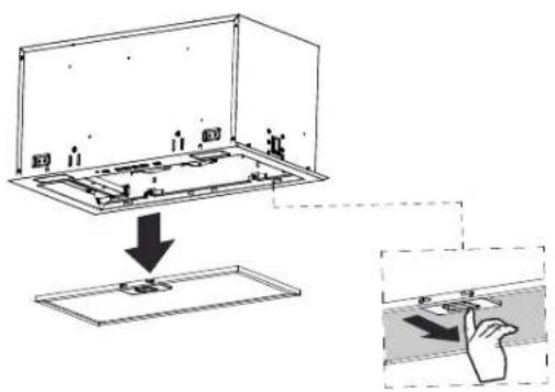 Diagram illustrating a device assembly process with labeled components and a hand gesture indicating the step.