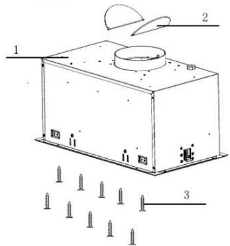 Technical diagram of a rectangular device with labeled parts and screw holes, showing internal components and assembly details.