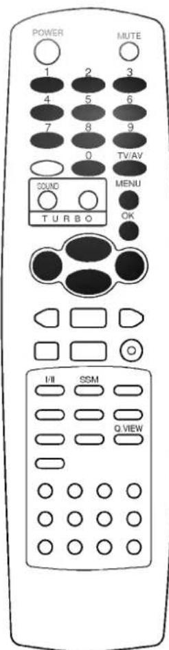 POWER 1 2 3 4 5 6 7 8 9 0 TV/AV SOUND MENU TURBO OK I/II SSM Q VIEW