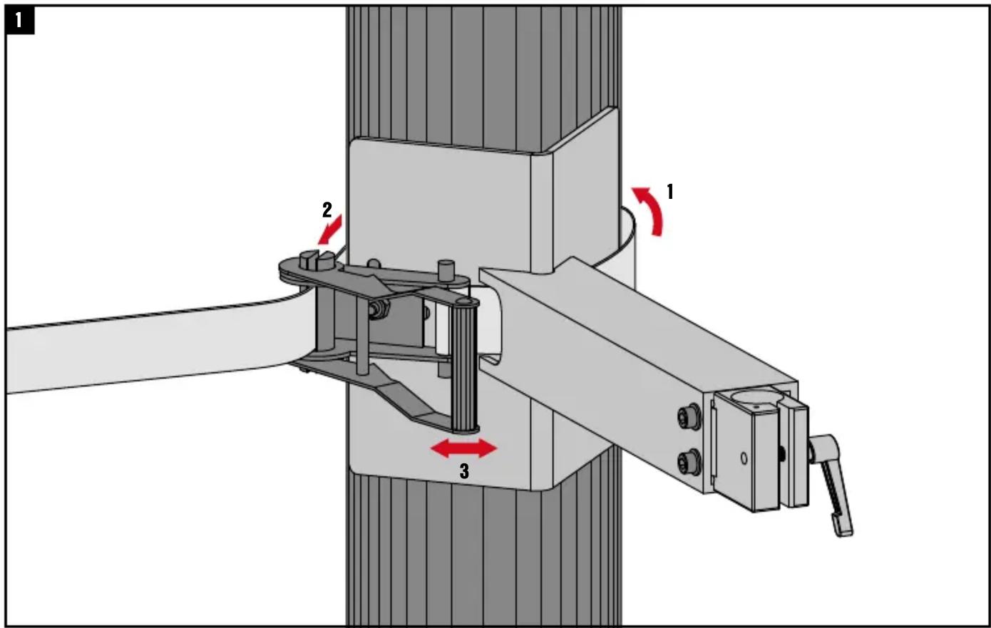 Technical diagram of a mechanical assembly with labeled components and directional arrows indicating motion or movement.