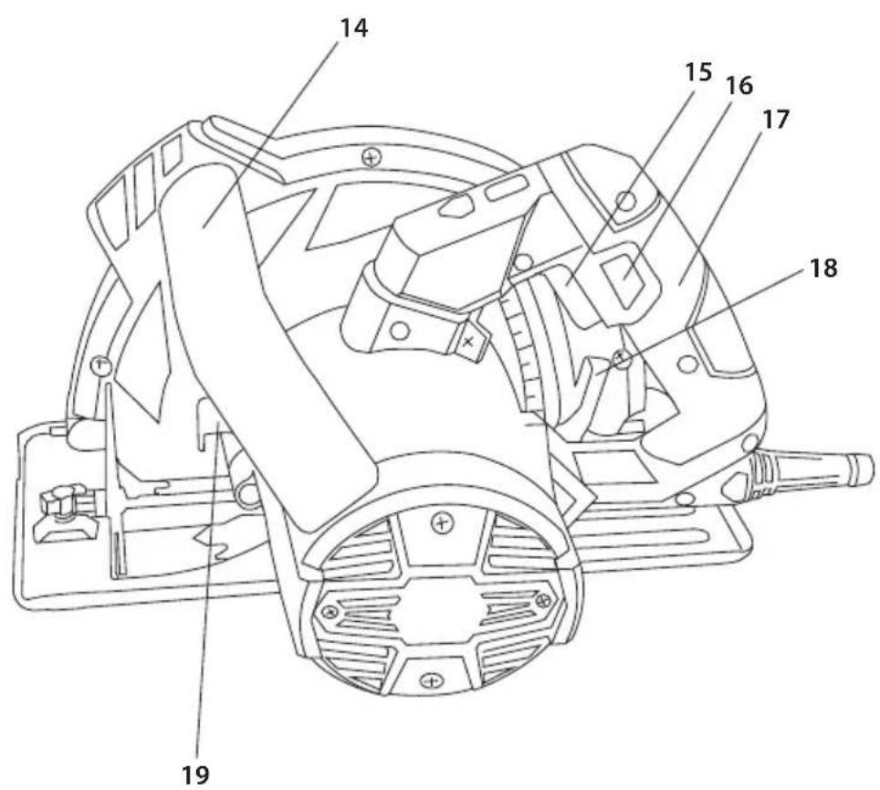 Technical diagram of a mechanical device with numbered parts labeled 14 through 19