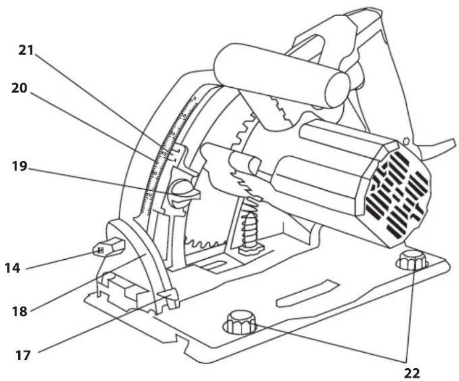 Technical diagram of a mechanical device with numbered parts and measurement markings