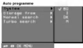 Auto programme System ▶ ✓ 80 Storage from ▶ 3 Noreali search ▶ OK Turbo search ▶ M OK OK