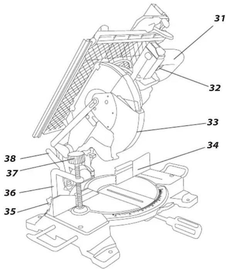 Technical diagram of a mechanical device with numbered parts labeled 31 to 38
