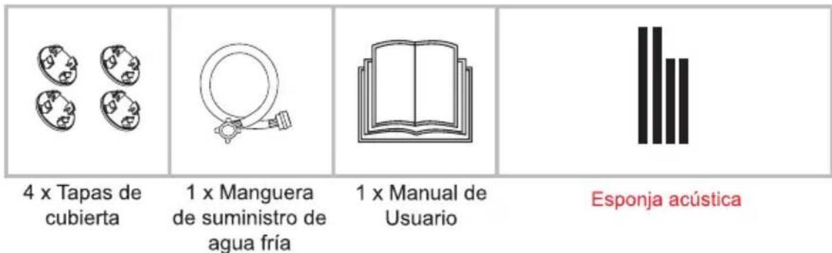 4 x Tapas de cubierta 1 x Manguera de suministro de agua fría 1 x Manual de Usuario Esponja acústica