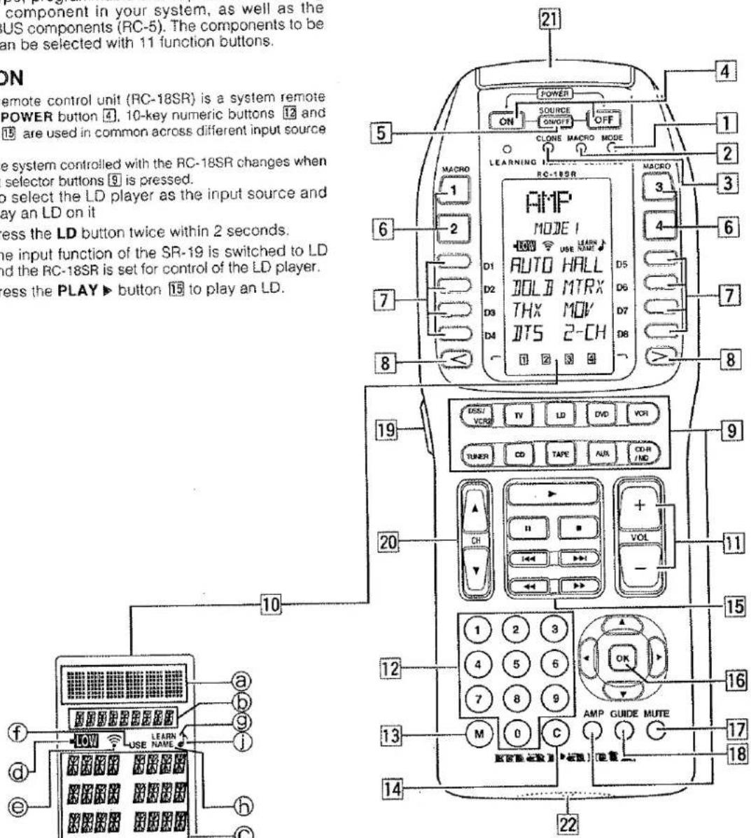 component in your system, as well as the US components (RC-5). The components to be selected with 11 function buttons. ON remote control unit (RC-18SR) is a system remote POWER button 4, 10-key numeric buttons 12 and 13 are used in common across different input source the system controlled with the RC-18SR changes when selector buttons 9 is pressed. to select the LD player as the input source and play an LD on it press the LD button twice within 2 seconds. the input function of the SR-19 is switched to LD and the RC-18SR is set for control of the LD player. press the PLAY ▶ button 15 to play an LD. MACRO 1 2 6 7 8 19 20 10 12 13 14 21 4 1 2 3 4 6 7 8 9 11 15 16 17 18 22 AMP MODE 1 AUTO HALL DOLB MTRX THX MOV JTS 2-CH TUNER CD TAPE AUX COAR/MD VOL AMP GUIDE MUTE