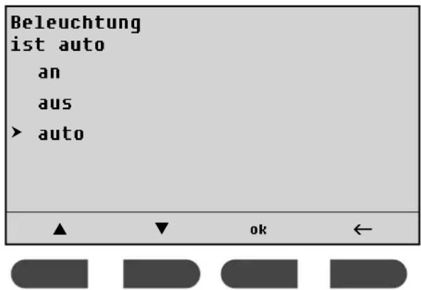 Beleuchtung ist auto an aus > auto ▲ ↓ ok ←