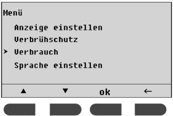 Menü Anzeige einstellen Verbrühschutz ► Verbrauch Sprache einstellen ▲▼ ok ←