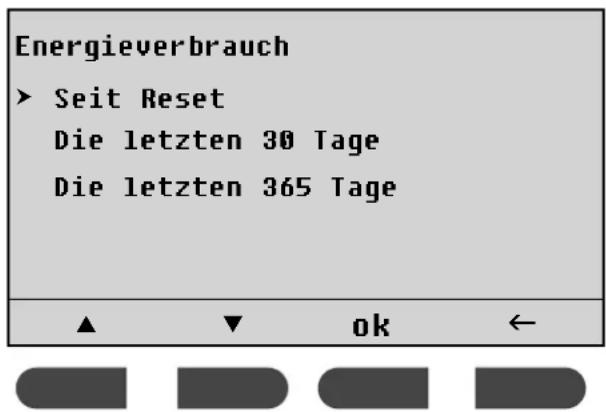 Energieverbrauch ► Seit Reset Die letzten 30 Tage Die letzten 365 Tage ▲▼ ok ←