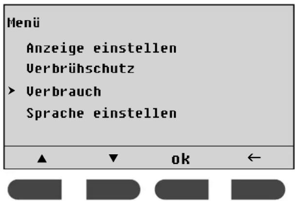 Menü Anzeige einstellen Verbrühschutz ► Verbrauch Sprache einstellen ▲▼ ok ←