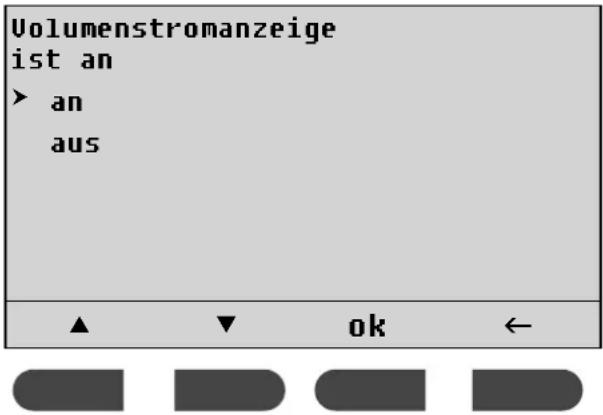 Volumenstromanzeige ist an > an aus ▲▼ ok ←