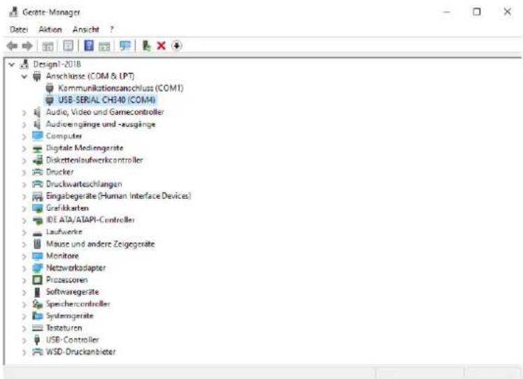 Gerate-Manager Datei Aktion Ansicht ? Design1-2018 Anschlüsse (COM & LPT) Kommunikationsanschluss (COM1) USB-SERIAL CHB40 (COM4) Audio, Video und Gamecontroller Audioengänge und -ausgänge Computer Digitale Mediengeräte Diskettenlaufwerkcontroller Drucker Druckwarteschlangen Eingabegeräte (Human Interface Devices) Grafikkarten IDE ATA/ATAPI-Controller Laufwerke Mause und andere Zeitgegeräte Monitore Netzwerkadapter Prozessoren Softwaregeräte Speichercontroller Systemgeräte Testaturen USB-Controller WSD-Druckanbieter