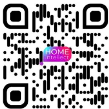 QR code with embedded 'HOME' and 'intellect' logo in the center