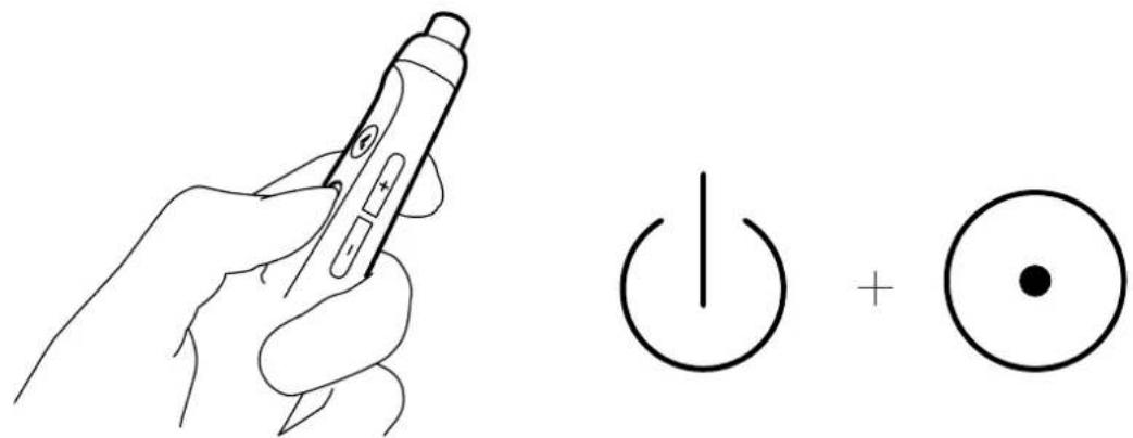 Diagram showing a hand holding a pen and next to a power button symbol, plus a circle, likely illustrating a basic electrical or electrical operation.