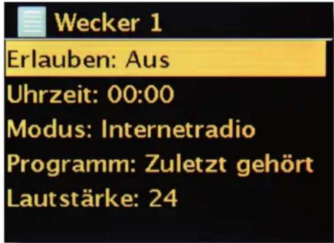 Wecker 1 Erlauben: Aus Uhrzeit: 00:00 Modus: Internetradio Programm: Zuletzt gehört Lautstärke: 24