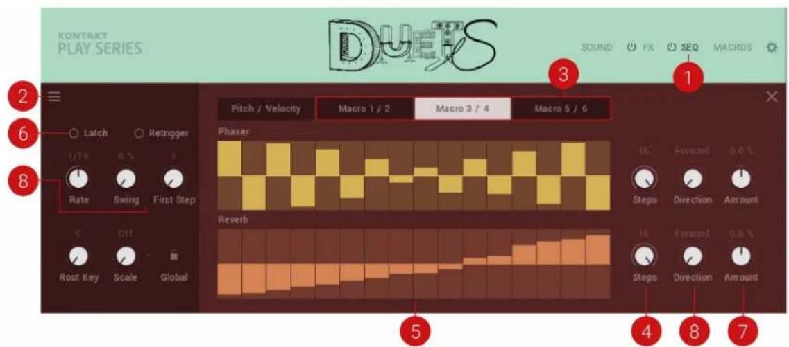 KONTAKT PLAY SERIES DUEKS SOUND FX SEQ MACROS Pitch / Velocity Macro 1 / 2 Macro 3 / 4 Macro 5 / 6 Phaser Rate Swing First Step Reverb Root Key Scale Global 1/19 0.5 16 Forward 0.0 % Steps Direction Amount 16 Forward 0.0 % Steps Direction Amount 2 3 4 5 6 7