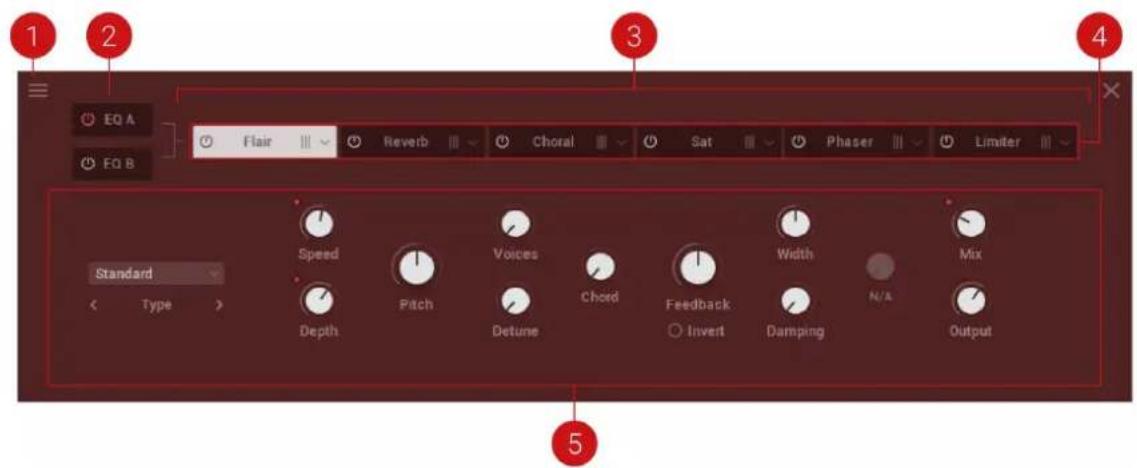 1 2 EQ A FQ B Flair Reverb Choral Sat Phaser Limiter Standard Type Speed Pitch Voices Chord Feedback Invert Damping N/A Mix Output 5
