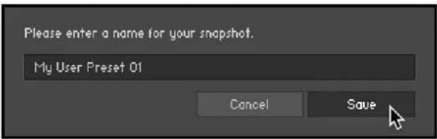 Please enter a name for your snapshot. My User Preset 01 Cancel Save