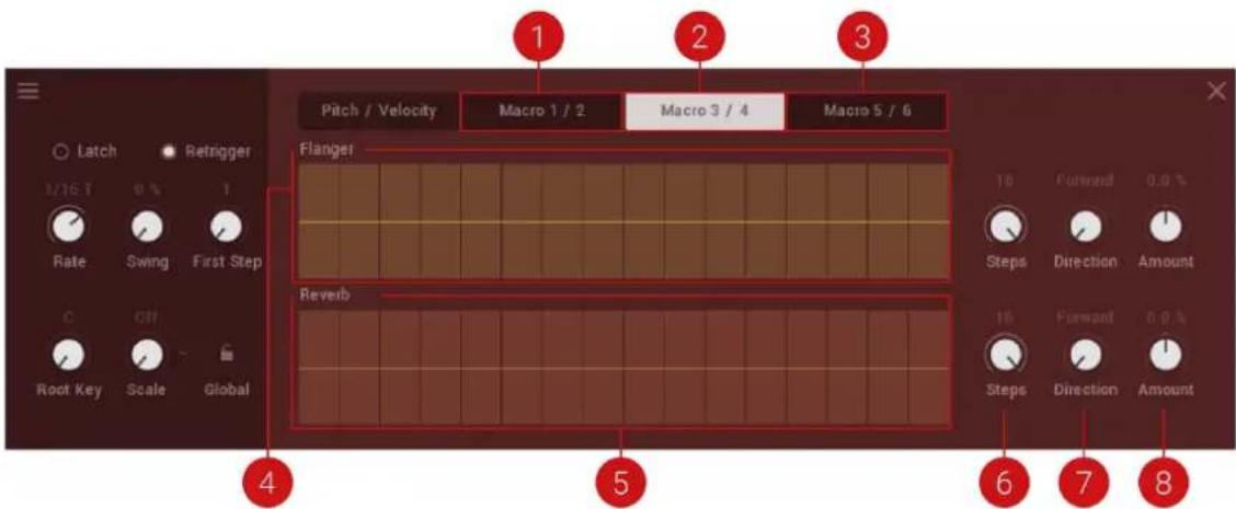 Pitch / Velocity Macro 1 / 2 Macro 3 / 4 Macro 5 / 6 Flanger Reverb Latch Retrigger 1/16 T 0 % 1 Rate Swing First Step C Off Root Key Scale Global 18 Forward 0.0 % Steps Direction Amount 18 Forward 0.0 % Steps Direction Amount 6 7 8
