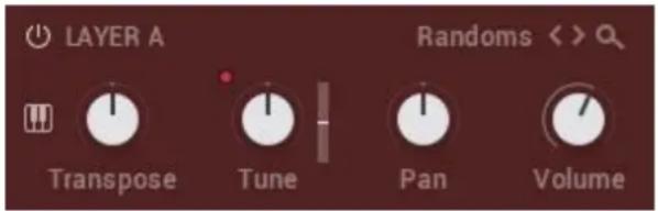 LAYER A Randoms < > Transpose Tune Pan Volume